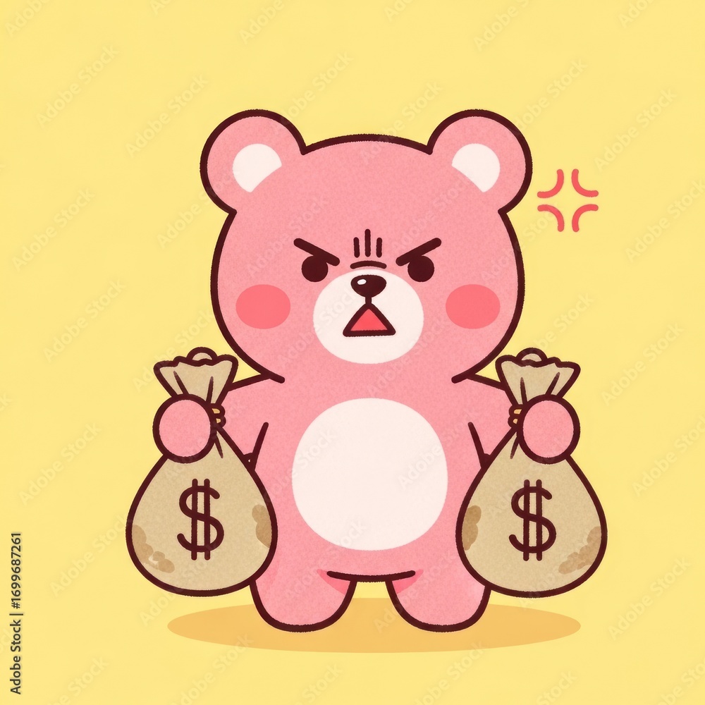Fototapeta premium Angry Pink Bear Holding Money Bags Cartoon Illustration.