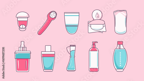 Set of feminine hygiene products icons including deodorant, toothbrush, mouthwash, wet wipes, and liquid soap in flat minimalist vector style on pink background