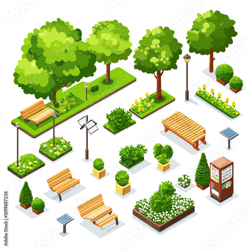 Isometric urban park elements including green trees, wooden benches, flower beds, shrubs, solar panels, street lamps, vending machine, and decorative plants in minimal flat style