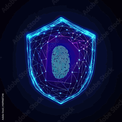 Futuristic digital neon shield with fingerprint biometric security concept polygonal wireframe blue glowing network illustration on dark background