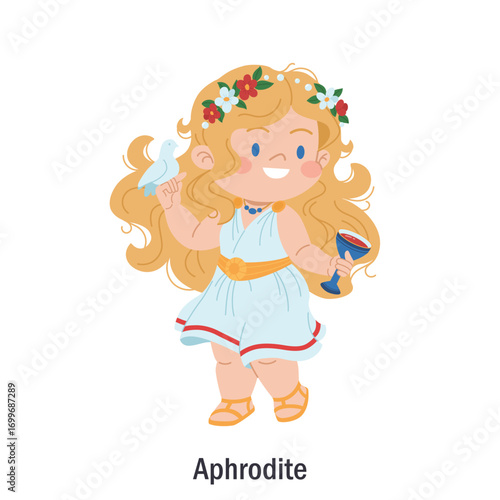 Ancient Greek goddess Aphrodite. Character of the Olympic goddess of love and beauty. Deity with a dove, cup, wreath and belt of Aphrodite. Cartoon character of classical mythology