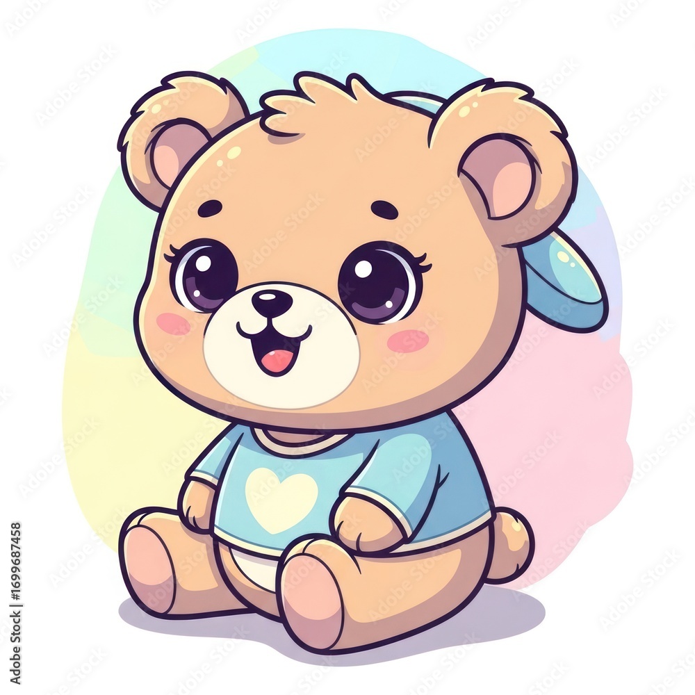 Fototapeta premium Cute Cartoon Baby Bear Sitting with Blue Shirt and Hat on Pastel Background.