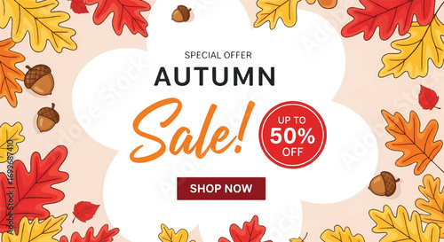 Adobe illustrator artwork vector illustration of a vibrant autumn fall sale banner with colorful leaves and acorns, offering a special discount up to 50% off