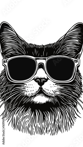 Black and white detailed cat portrait wearing oversized sunglasses close up vector illustration engraving style minimalist design