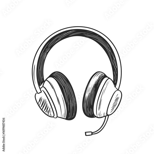 Hand drawn sketch style over ear headphones with attached microphone isolated line art vector illustration in black and white minimalist design