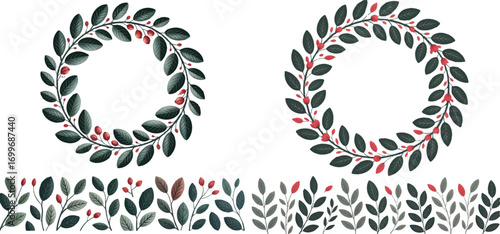 Dark green leaves red berries wreaths vector
