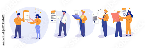 Human resources team reviewing resumes and job candidate applications with discussion and evaluation in flat minimalist style vector illustration