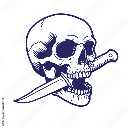 Intricate vector illustration of a skull holding a knife with a dark and edgy aesthetic