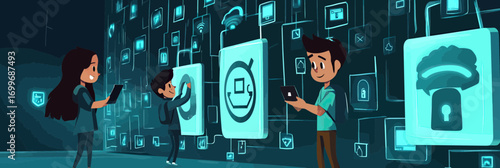 People using digital authentication and cybersecurity technology with secure data access and cloud protection in futuristic interface environment flat vector illustration