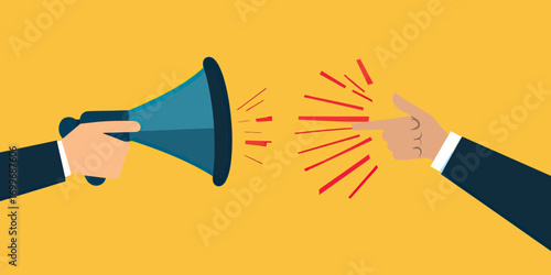 Flat vector business communication concept with hand holding megaphone speaking and other hand pointing finger on yellow background