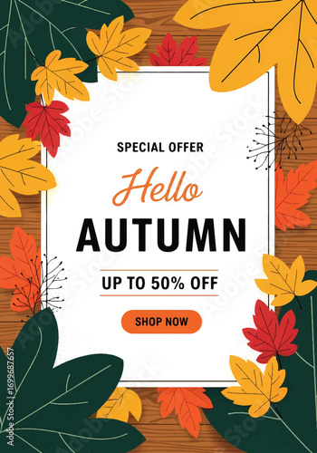 Adobe illustrator artwork vector illustration of a vertical autumn fall sale banner with a colorful border of maple leaves on a wooden background, offering up to 50% off