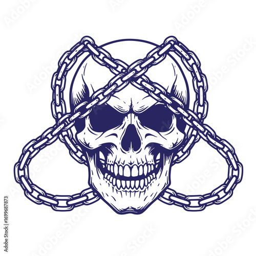 Intricate vector illustration of a skull wrapped in chains depicting strength and freedom