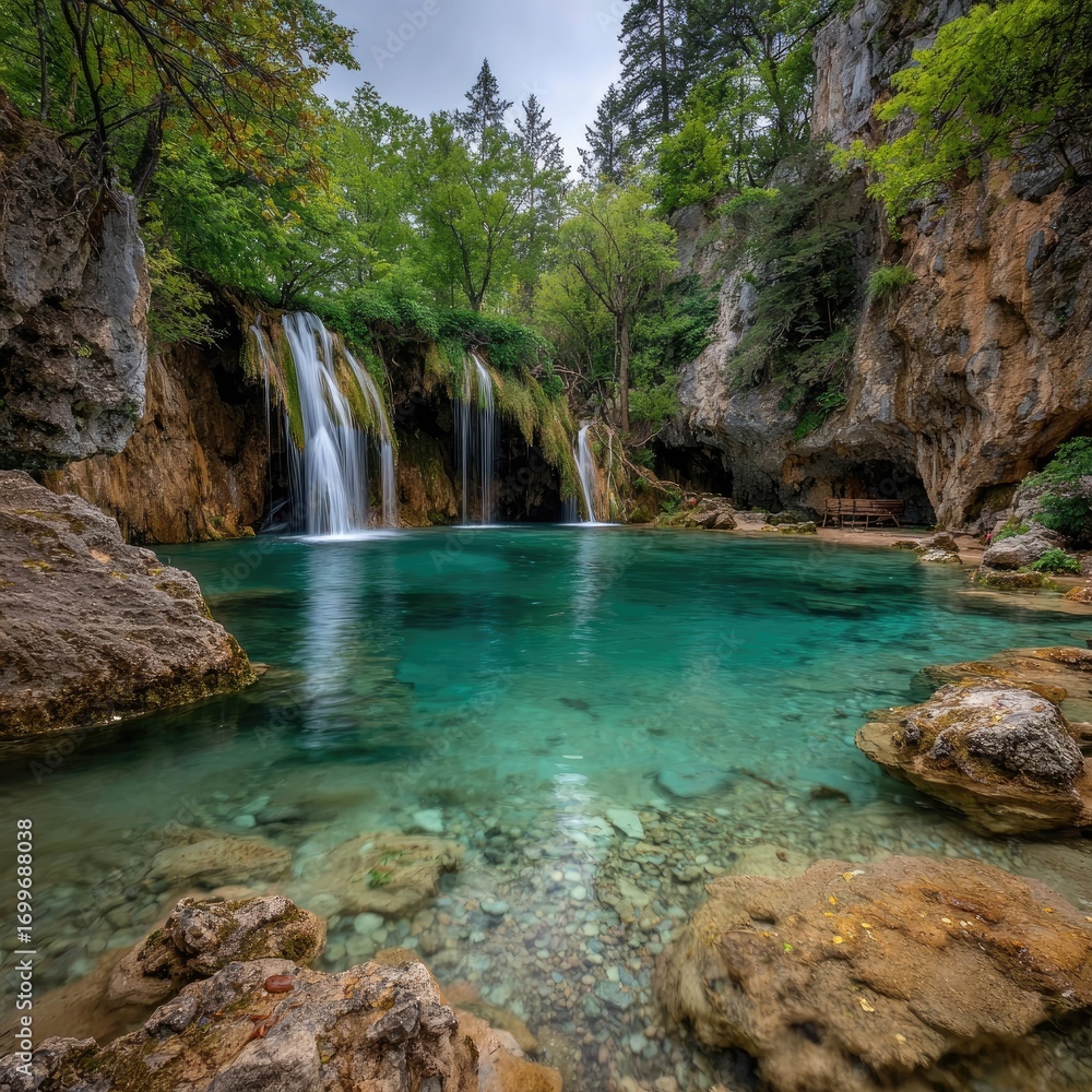 Naklejka premium Waterfall and Turquoise Pool in Forest