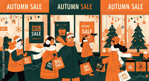 Adobe illustrator artwork vector illustration of people enjoying an autumn sale with shopping bags and a delivery person on a bicycle. SEO-friendly for Shutterstock