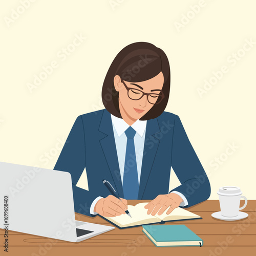 Woman in suit writing in notebook at desk with laptop and coffee, focused and professional.