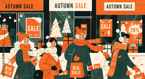 Adobe illustrator artwork vector illustration of people enjoying an autumn sale with shopping bags and a delivery person on a bicycle. SEO-friendly for Shutterstock