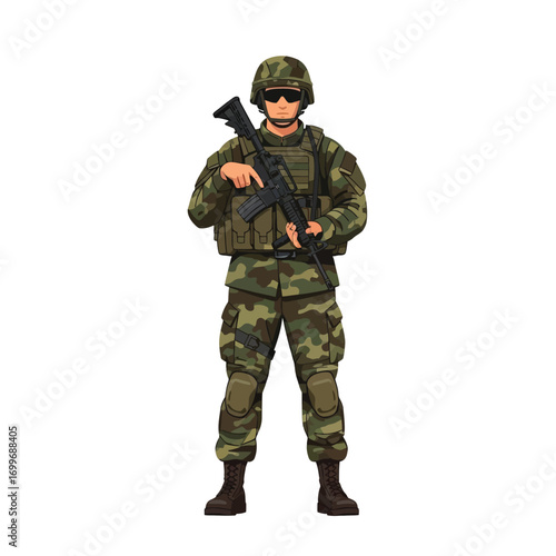 Military soldier in camouflage uniform, holding a rifle, standing guard.