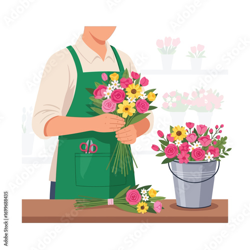 A florist arranges colorful flower bouquets in a shop, showcasing the art of flower arranging.