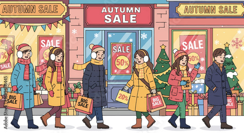 Adobe illustrator artwork vector illustration of people enjoying an autumn sale with shopping bags and a delivery person on a bicycle. SEO-friendly for Shutterstock