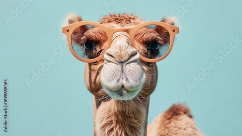 Camel with aviator glasses on a blue background, humorous and creative concept video showcasing animals with human accessories for unique stock content.