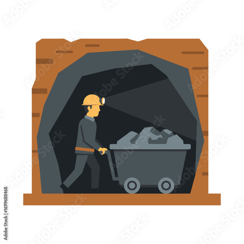 A miner pushing a coal cart through a dark mine tunnel.