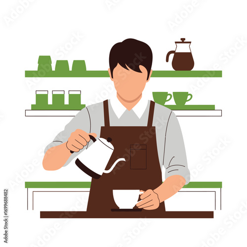 A barista in a coffee shop pouring hot coffee into a cup.