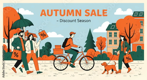 Adobe illustrator artwork vector illustration of people enjoying an autumn sale with shopping bags and a delivery person on a bicycle. SEO-friendly for Shutterstock