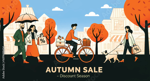 Adobe illustrator artwork vector illustration of people enjoying an autumn sale with shopping bags and a delivery person on a bicycle. SEO-friendly for Shutterstock