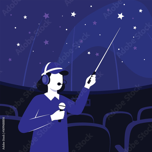 Planetarium guide presenting celestial show, using pointer and microphone.