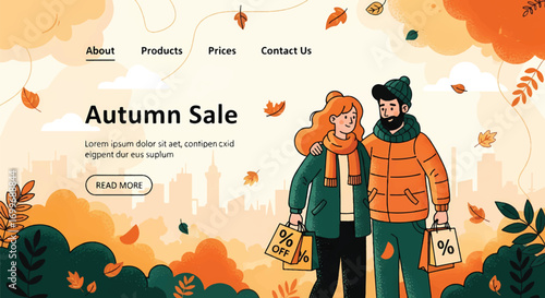 Adobe illustrator artwork vector illustration of a couple with shopping bags during an autumn sale. Perfect for e-commerce, websites, and promotional materials