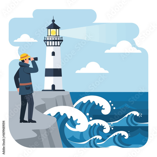A man uses binoculars to observe a coastal lighthouse amidst crashing waves.