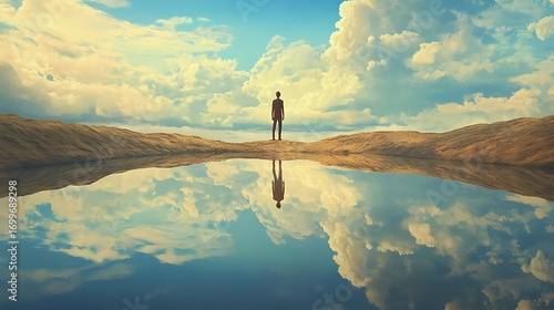 A person standing on the edge of a mirror-like lake, their reflection showing a different version of themselves .