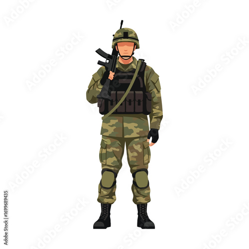A standing soldier in camouflage gear, holding a rifle, with a serious expression.
