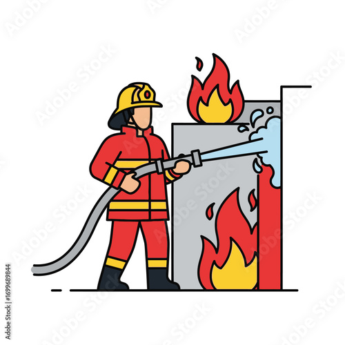 Firefighter in red uniform extinguishing a fire with water hose, flames visible.
