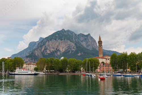 Lecco, Italy - May 21, 2024: Waterfront and marina of Lecco town, located in Lombardy, Italy