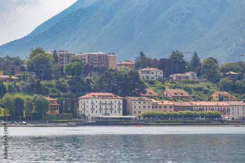Lakeside view of villas, Como lake, view from town of Lecco, Italy