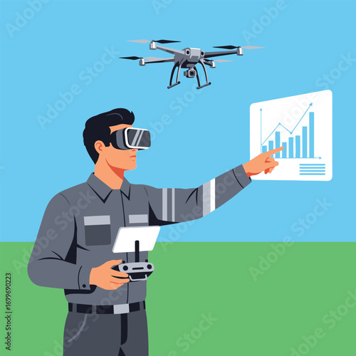 Man wearing VR headset points to a data chart while controlling a drone with a remote control.