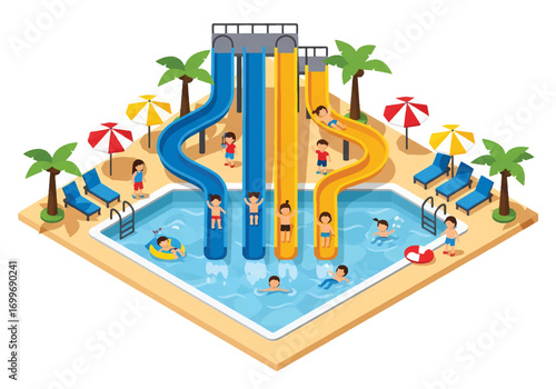 Adobe illustrator artwork vector illustration of a vibrant isometric water park with slides, pools, and happy children. Perfect for summer, vacation, and family fun themes