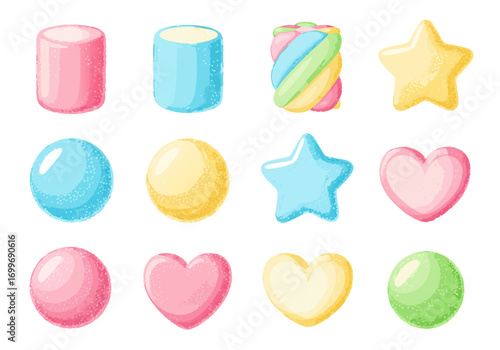 Colorful marshmallow vector icons in various shapes and sizes on white background