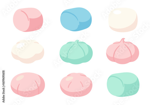 colorful marshmallow vector icons in different pastel shades and styles on white background