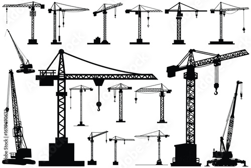 Collection of tower and construction crane silhouettes on white