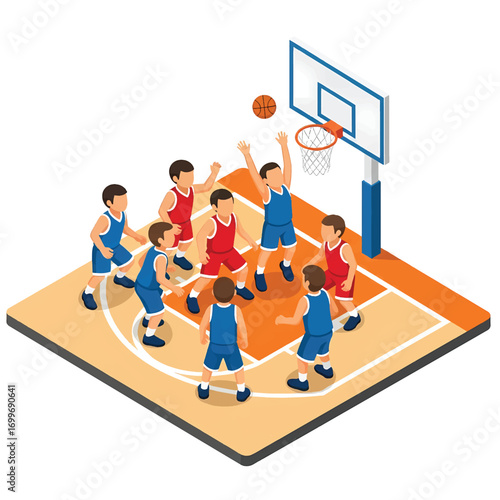 An isometric 3D illustration of kids playing basketball on a court. The illustration shows a dynamic game in progress with detailed character designs