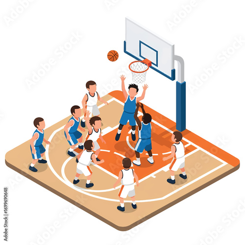 Adobe illustrator artwork vector illustration. An isometric 3D illustration of kids playing basketball on a court. The illustration shows a dynamic game in progress with detailed character designs
