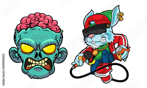 Cartoon Funny Zombie Bunny HipHop Halloween Illustration Vector Design