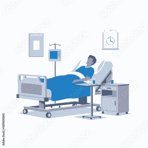 Illustration of a patient lying in a hospital bed with an IV drip, side table, clock, and other medical equipment.