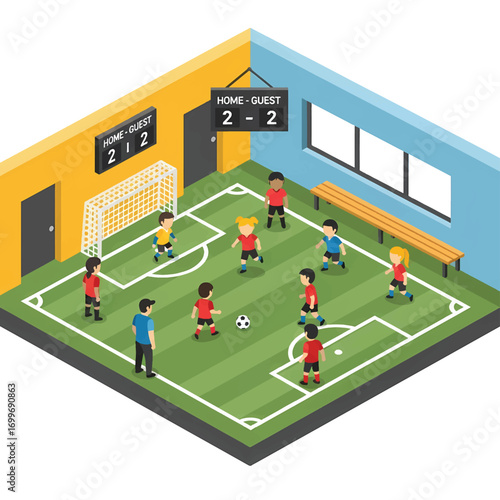 Adobe illustrator artwork vector illustration. An isometric 3D illustration of kids playing soccer indoors. The scene shows a friendly game in a hall 