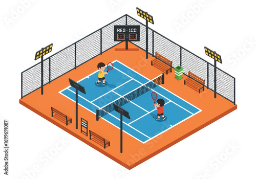 Adobe illustrator artwork vector illustration of two players on an isometric tennis court. Ideal for sports, recreation, competition, and fitness themes