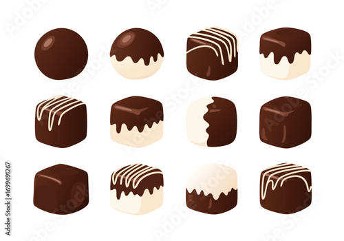 A delicious assortment of chocolate covered marshmallow treats in various shapes and sizes with white drizzle on top in brown and beige colors on white