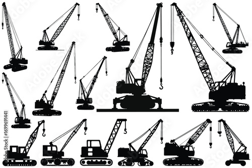 Group of heavy construction crane silhouettes on white background