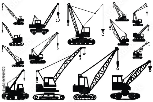 Variety of construction crane silhouettes in black on white